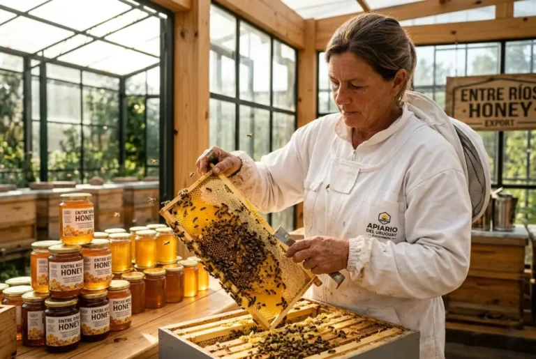 Apicultor en Concordia inspecciona panales con miel lista para exportar, iluminados por luz natural y abejas.