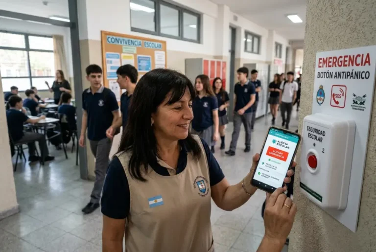 Botón antipánico físico instalado en una pared de una escuela junto a un teléfono móvil con una aplicación de alerta de emergencia escolar abierta, en un entorno educativo moderno con docentes y estudiantes al fondo.
