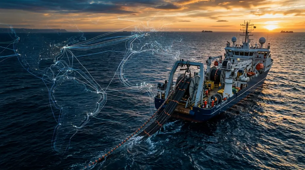 Imagen hiperrealista de cables submarinos de fibra óptica tendidos en el océano con buques de telecomunicaciones, representando la infraestructura física global de internet y la conectividad entre continentes