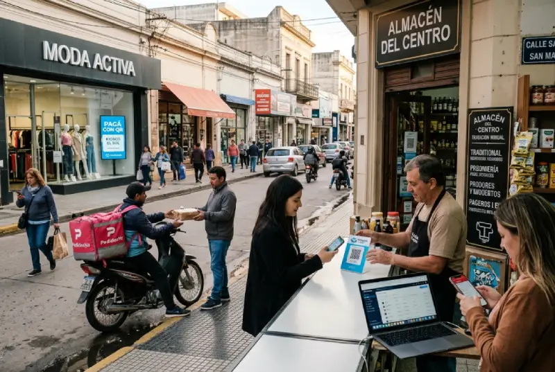 Comercio urbano en Concordia mostrando la convivencia entre locales tradicionales y herramientas digitales como pagos con QR, celulares y plataformas de venta online en un entorno comercial moderno.