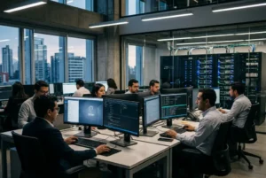 Oficina gubernamental moderna con infraestructura digital y pantallas mostrando sistemas Linux en un entorno de transformación tecnológica del Estado en América Latina.