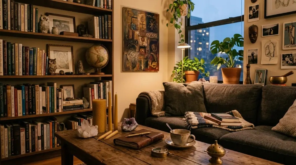 Interior moderno con elementos culturales y místicos, luz cálida y ambiente de curiosidad y exploración.