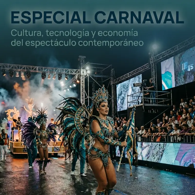 Banner editorial sobre el Carnaval del litoral argentino, iluminación escénica nocturna y estética cinematográfica, representando la dimensión cultural, tecnológica y económica del espectáculo contemporáneo.
