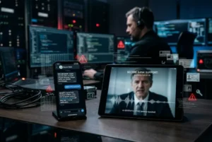 Ilustración hiperrealista de estafa digital con inteligencia artificial, mostrando clonación de voz, phishing conversacional y riesgos de ciberseguridad en dispositivos móviles y redes digitales.