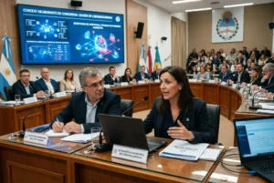 Funcionarios municipales debaten políticas de ciberseguridad con pantallas digitales sobre fraudes y protección de datos ciudadanos.