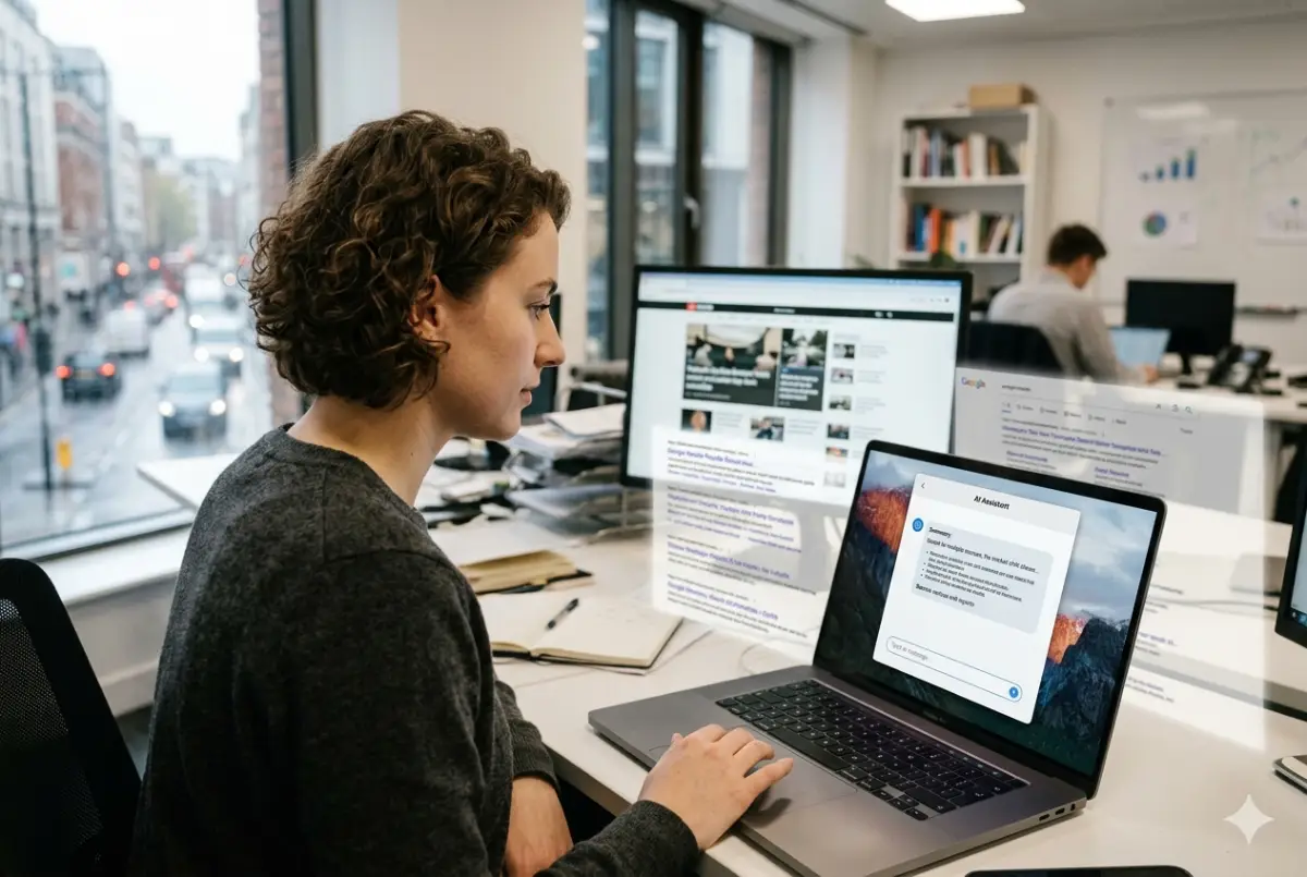 Persona frente a una computadora observando una interfaz de inteligencia artificial que reemplaza resultados de búsqueda tradicionales, representando la transición del tráfico web hacia sistemas de IA.