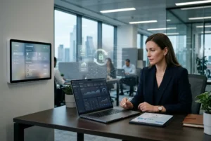Persona en oficina moderna frente a dispositivos tecnológicos con interfaces digitales de suscripción, ilustrando la dependencia de servicios en la nube y el control del software sobre el hardware.