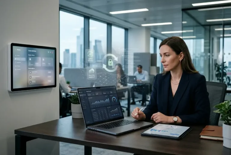 Persona en oficina moderna frente a dispositivos tecnológicos con interfaces digitales de suscripción, ilustrando la dependencia de servicios en la nube y el control del software sobre el hardware.