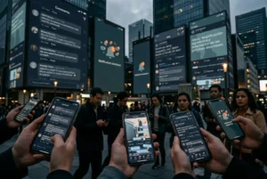 Personas utilizando redes sociales en un entorno urbano digital marcado por conflictos, acusaciones públicas y amplificación algorítmica de contenido viral.