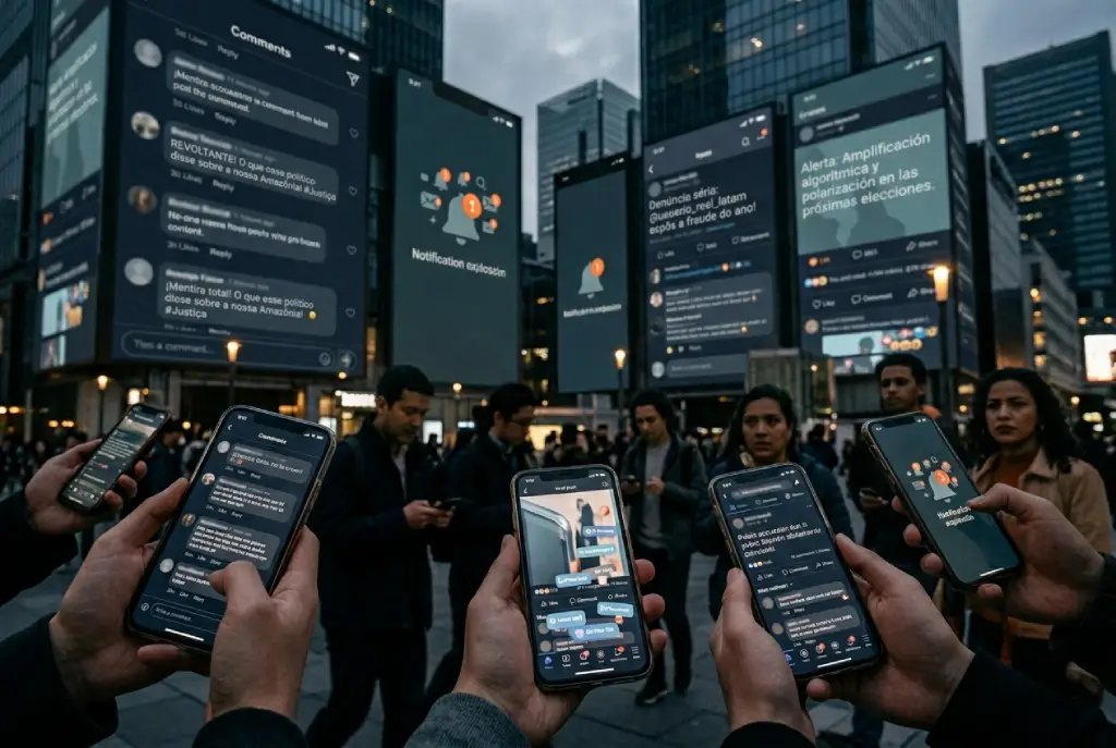 Personas utilizando redes sociales en un entorno urbano digital marcado por conflictos, acusaciones públicas y amplificación algorítmica de contenido viral.