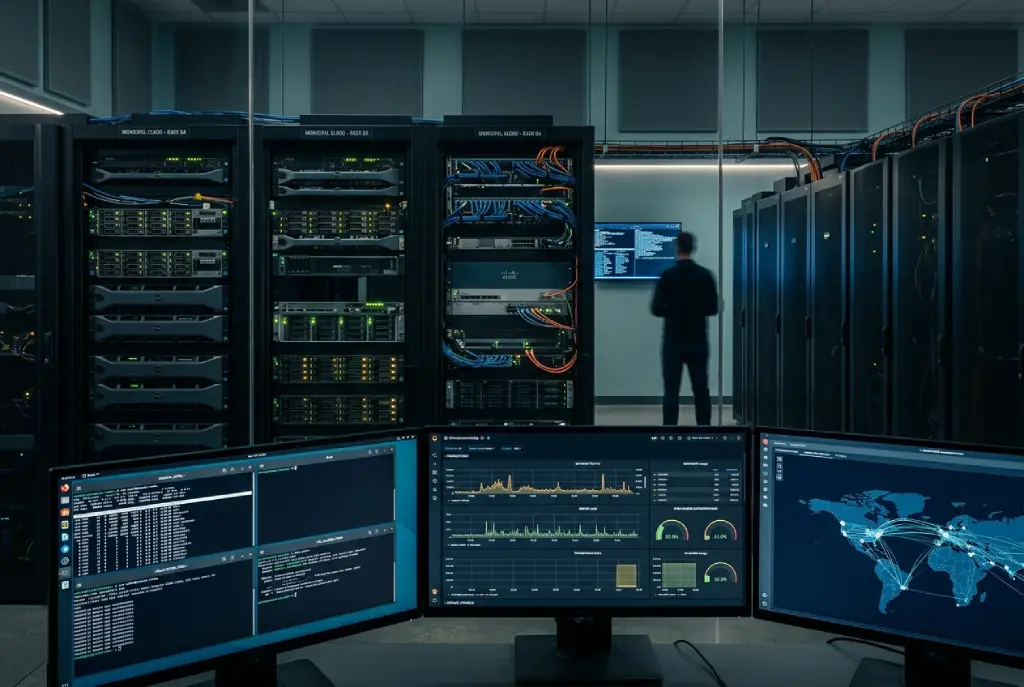 Centro de infraestructura digital con servidores y sistemas Linux utilizados para administración remota y modernización tecnológica en organizaciones y organismos públicos.