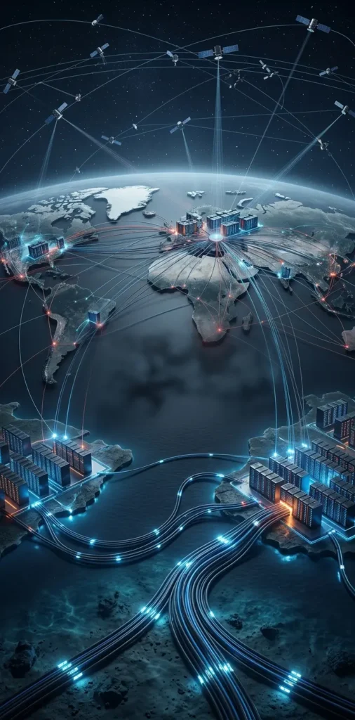 Imagen hiperrealista de infraestructura digital global con centros de datos, cables submarinos y redes de servidores que representan la dependencia tecnológica y el control de la información a nivel mundial.