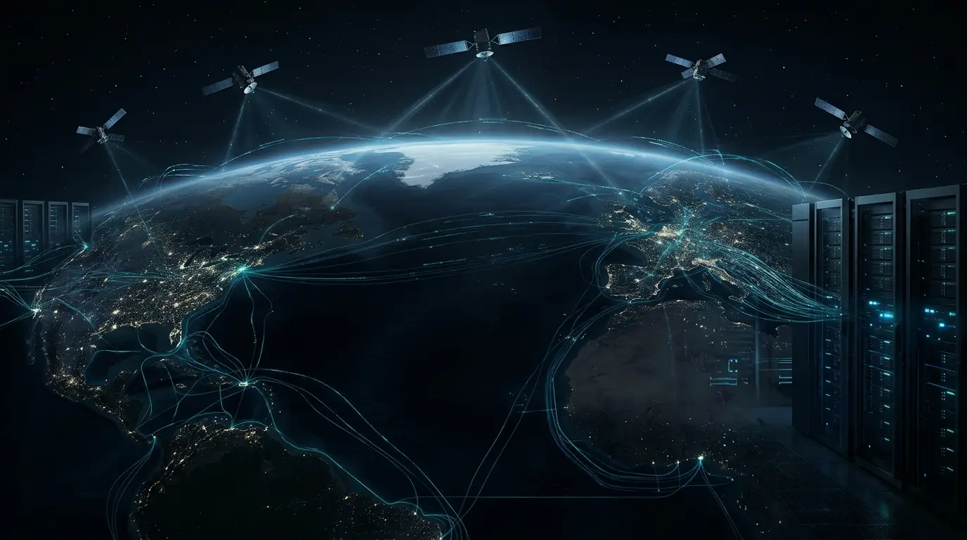 Imagen hiperrealista de infraestructura digital global con redes de datos, servidores y cables submarinos conectando continentes bajo una estética editorial tecnológica oscura.