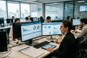 Funcionaria analiza datos presupuestarios en una plataforma digital de transparencia fiscal dentro de una oficina gubernamental moderna.