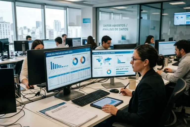 Funcionaria analiza datos presupuestarios en una plataforma digital de transparencia fiscal dentro de una oficina gubernamental moderna.