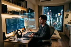 Apartamento pequeño y minimalista en una gran ciudad asiática de noche, con un joven interactuando con una inteligencia artificial en su computadora, iluminación tenue de pantallas y ambiente de soledad tecnológica hiperrealista.