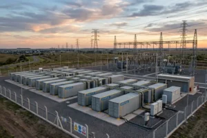 Subestación eléctrica moderna con sistemas de almacenamiento de energía en baterías industriales y líneas de alta tensión en Entre Ríos, Argentina.