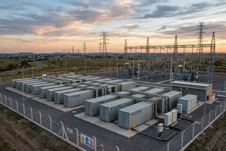 Subestación eléctrica moderna con sistemas de almacenamiento de energía en baterías industriales y líneas de alta tensión en Entre Ríos, Argentina.