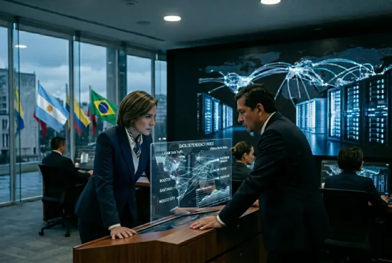 Funcionario en un edificio gubernamental moderno observa pantallas con flujos de datos conectados a servidores globales, representando la dependencia tecnológica y el colonialismo digital en América Latina.