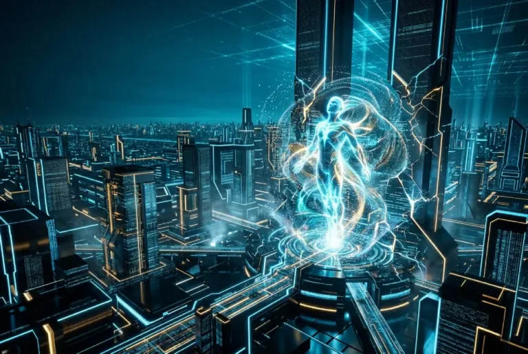 Figura humanoide de luz emergiendo en una ciudad digital futurista tipo Tron, rodeada de estructuras de código y neón azul, simbolizando el nacimiento de los ISOs en un sistema algorítmico.