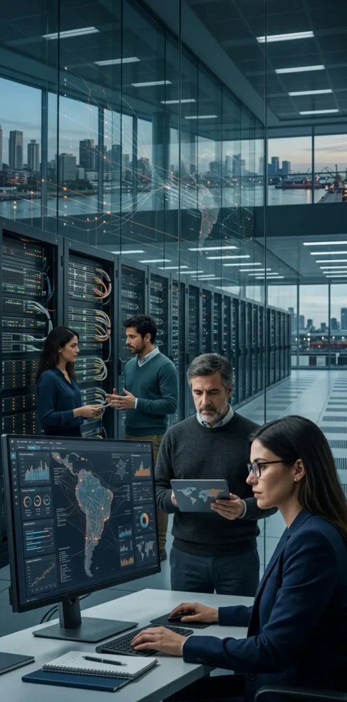 Profesionales analizando sistemas de inteligencia artificial y flujos de datos en un entorno tecnológico vinculado a la transformación digital, la economía y la sociedad.