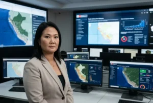 Keiko Fujimori en un entorno institucional del Estado peruano con pantallas de control digital al fondo que muestran mapas y datos de seguridad, simbolizando la implementación de inteligencia artificial en la gestión pública.