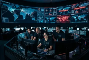 Centro global de ciberseguridad financiera con analistas monitoreando en tiempo real redes de pagos digitales y alertas de ataques en una infraestructura bancaria crítica.