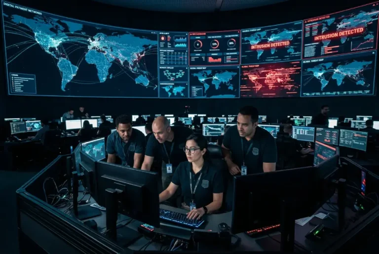 Centro global de ciberseguridad financiera con analistas monitoreando en tiempo real redes de pagos digitales y alertas de ataques en una infraestructura bancaria crítica.