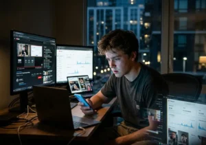 Joven creador de contenido frente a múltiples pantallas con redes sociales y métricas de viralidad, en una habitación oscura iluminada por el smartphone, con expresión de concentración y ansiedad, estilo fotoperiodismo hiperrealista.