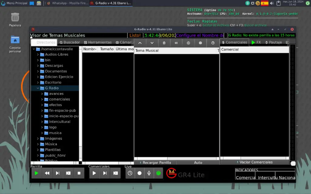 Interfaz de EterTICs GNU/Linux en funcionamiento con escritorio optimizado para producción de contenidos en radios comunitarias.