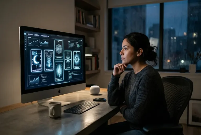 Persona observando una pantalla de computadora donde una inteligencia artificial genera una lectura de tarot digital, en un entorno moderno con iluminación suave y estética tecnológica hiperrealista.