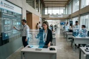 Interior de una oficina pública moderna en Argentina con funcionarios interactuando con pantallas digitales y expedientes virtuales, representando la digitalización de la recategorización del empleo estatal.