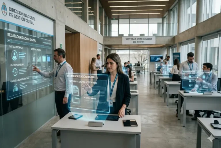 Interior de una oficina pública moderna en Argentina con funcionarios interactuando con pantallas digitales y expedientes virtuales, representando la digitalización de la recategorización del empleo estatal.