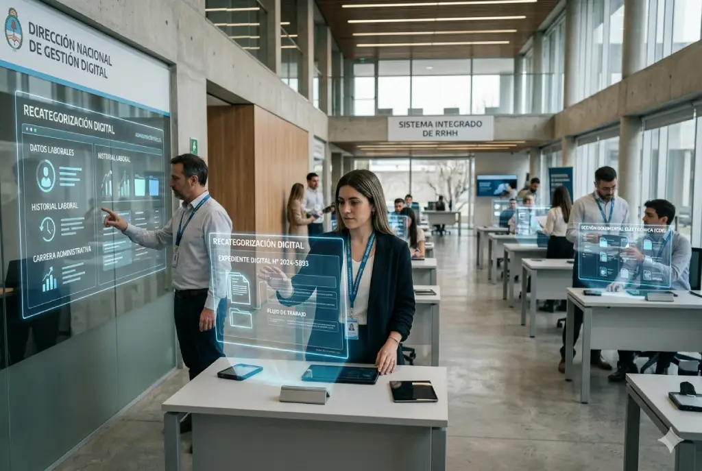 Interior de una oficina pública moderna en Argentina con funcionarios interactuando con pantallas digitales y expedientes virtuales, representando la digitalización de la recategorización del empleo estatal.