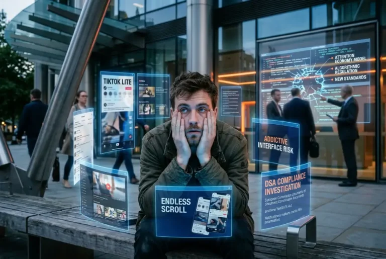 Joven frente a múltiples pantallas con scroll infinito y notificaciones digitales, en una escena urbana nocturna que simboliza la regulación de los algoritmos y el diseño adictivo de las redes sociales.
