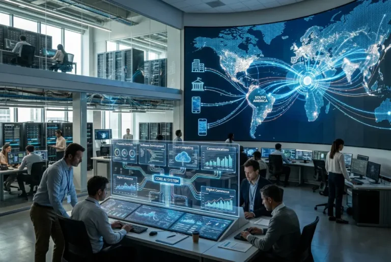 Centro de operaciones de inteligencia artificial que integra servicios digitales globales, finanzas y datos, con un mapa luminoso que refleja el impacto en la soberanía digital de América Latina.
