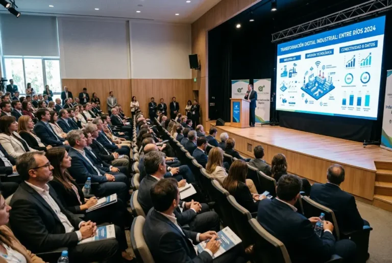 Imagen generada de carácter ilustrativo que representa una jornada institucional sobre transformación digital en industrias, con autoridades y representantes del sector productivo en un auditorio durante una presentación sobre Industria 4.0 y modernización tecnológica.