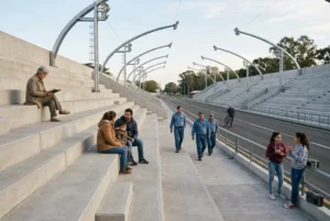 Ilustración conceptual de las futuras tribunas permanentes del Corsódromo de Concordia, representadas como una propuesta de infraestructura para el público.