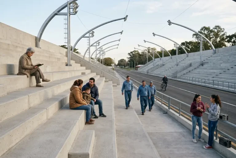 Ilustración conceptual de las futuras tribunas permanentes del Corsódromo de Concordia, representadas como una propuesta de infraestructura para el público.