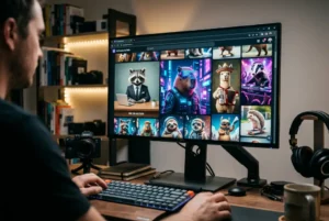 Pantalla de computadora mostrando animales sintéticos creados con inteligencia artificial en escenas virales de humor digital, con un entorno tecnológico moderno.