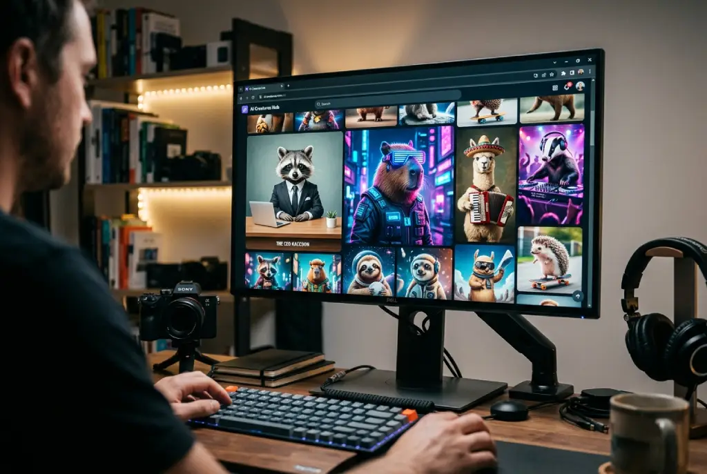 Pantalla de computadora mostrando animales sintéticos creados con inteligencia artificial en escenas virales de humor digital, con un entorno tecnológico moderno.