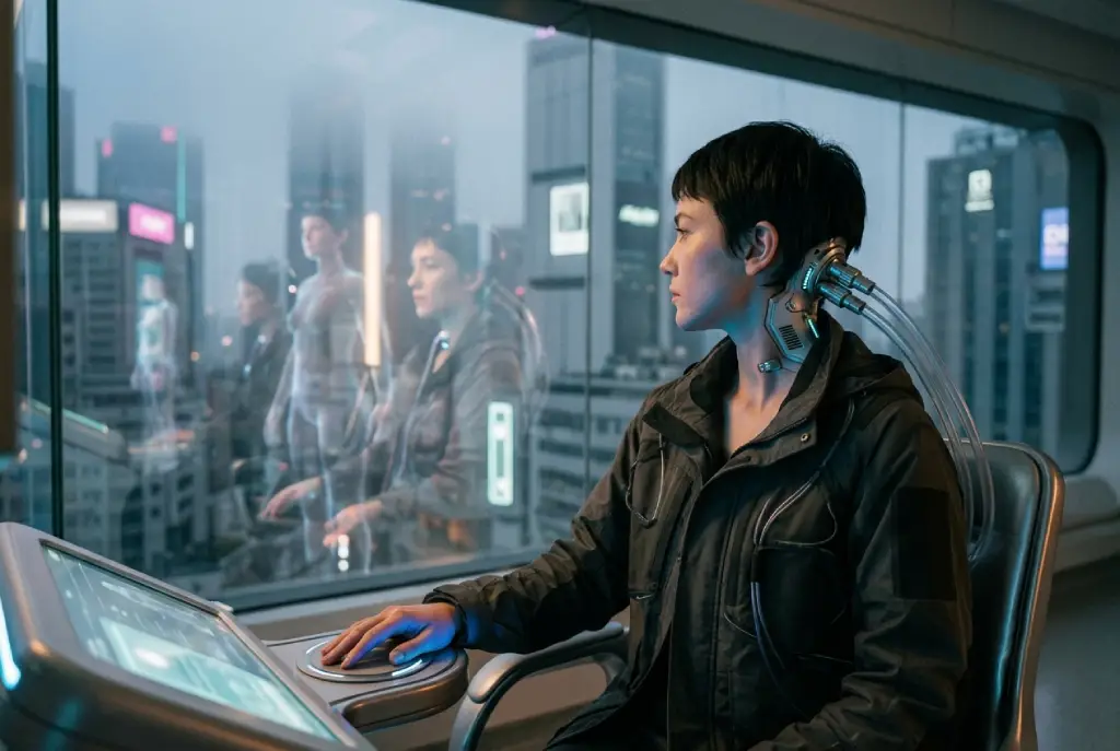 Figura humana conectada a un sistema de transferencia de identidad en un entorno urbano futurista, con reflejos holográficos que sugieren múltiples cuerpos y una estética inspirada en la idea de identidad digital transferible.