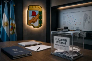Escudo del Partido Justicialista junto a una urna electoral que representa el debate sobre las elecciones internas y la democracia partidaria.