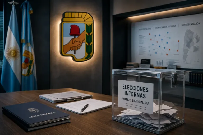 Escudo del Partido Justicialista junto a una urna electoral que representa el debate sobre las elecciones internas y la democracia partidaria.