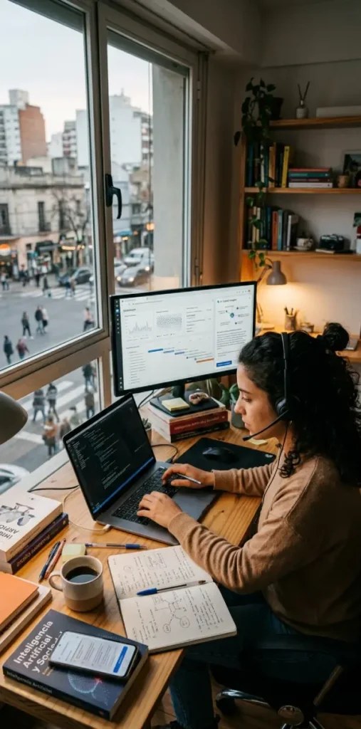 Persona utilizando tecnología digital en un entorno cotidiano mientras la inteligencia artificial transforma la creatividad, el aprendizaje y la toma de decisiones humanas.
