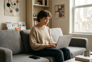 Joven de la Generación Z utilizando una notebook en un espacio privado que representa el concepto de Cozy Web y el uso intencional de Internet.