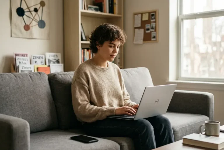 Joven de la Generación Z utilizando una notebook en un espacio privado que representa el concepto de Cozy Web y el uso intencional de Internet.