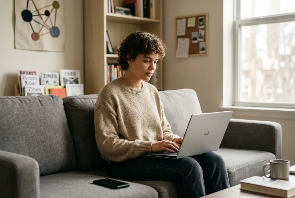 Joven de la Generación Z utilizando una notebook en un espacio privado que representa el concepto de Cozy Web y el uso intencional de Internet.