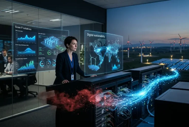 Centro de datos sostenible con energía renovable y visualización digital del concepto Green IT en empresas