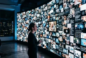 Persona observando una pantalla con contenido digital generado por inteligencia artificial mientras busca información auténtica en internet